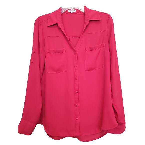 Express Tops - Express Portofino Roll-Tab Sleeve Button-Up Shirt Red Size Medium